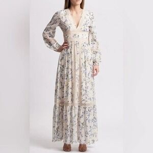 BCBGMAXAZRIA Dianna Floral Lace Maxi Dress Size S‎ Romantic Bohemian Long Sleeve